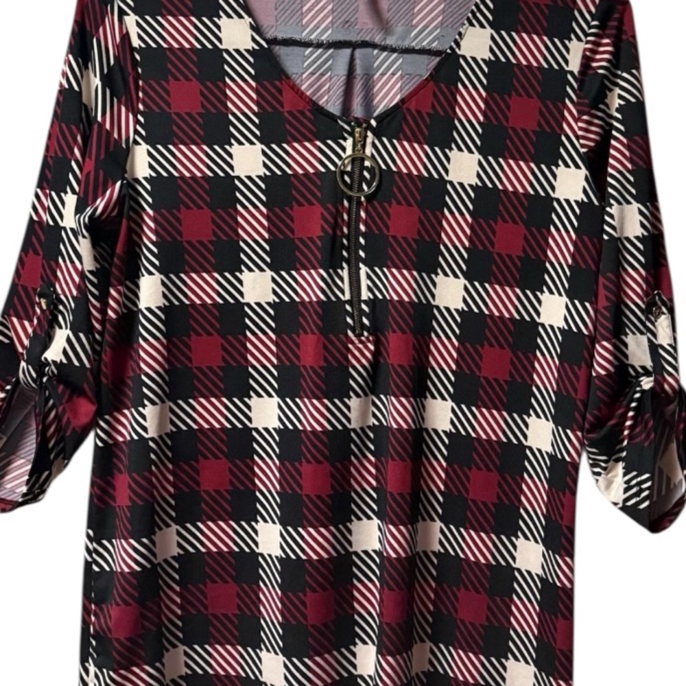 Tacera ~ Womens ~ Top ~ Medium ~ Blouse ~ 1/4 Zip ~ Roll Tab Sleeves ~ Plaid
